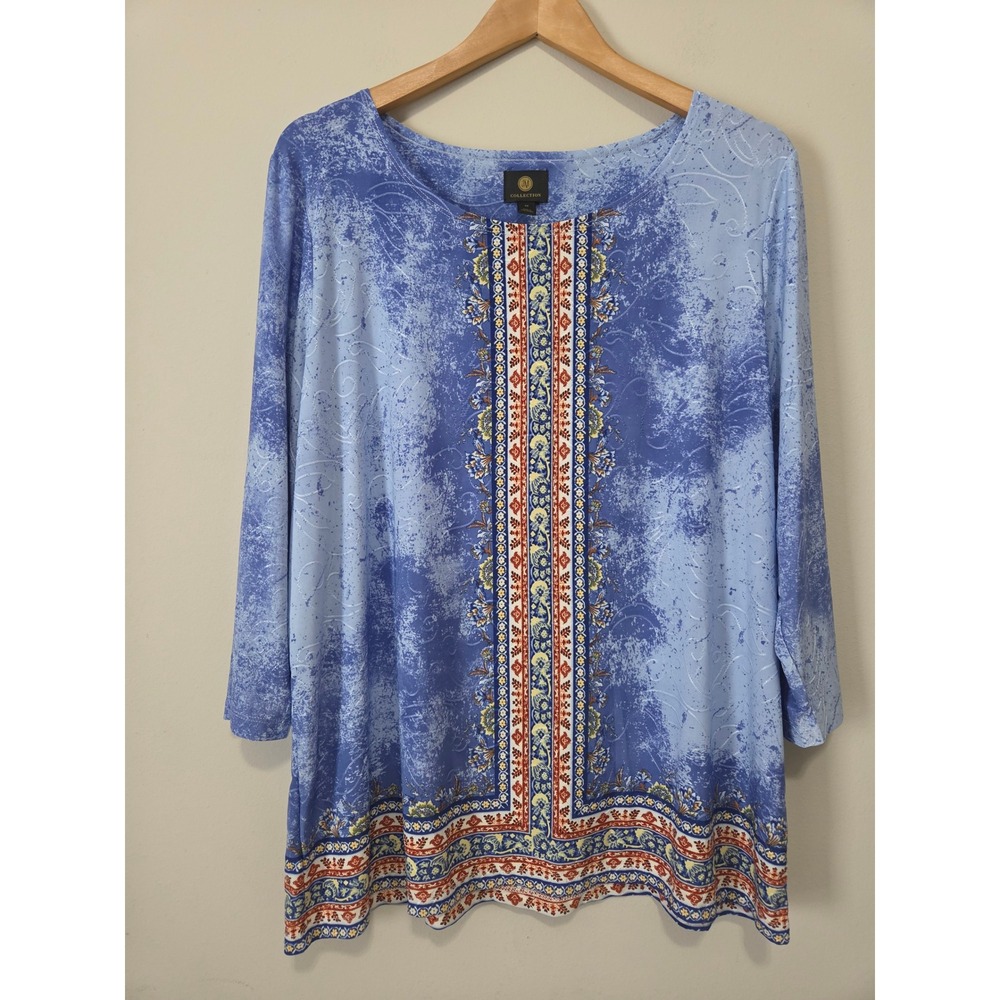 JM Collection Womens Blue Paisley Medallion Top 3/4 Sleeve Plus Size 2X